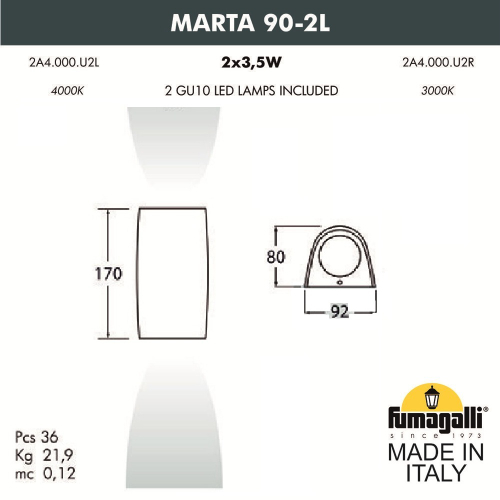 Уличный настенный светильник Fumagalli MARTA 2A4.000.000.AXU2L