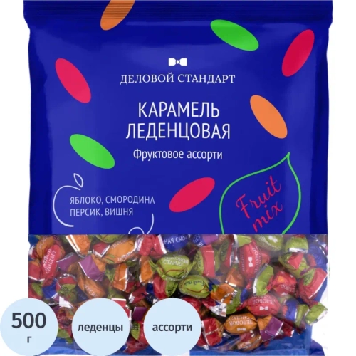 Леденцы Деловой Стандарт ассорти фруктовых вкусов Яблоко/Вишня/Персик/Чёрная смородина 500 г
