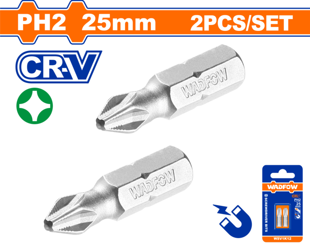 Бита 2 шт PH2x25 мм (400/800) WADFOW WSV1K12