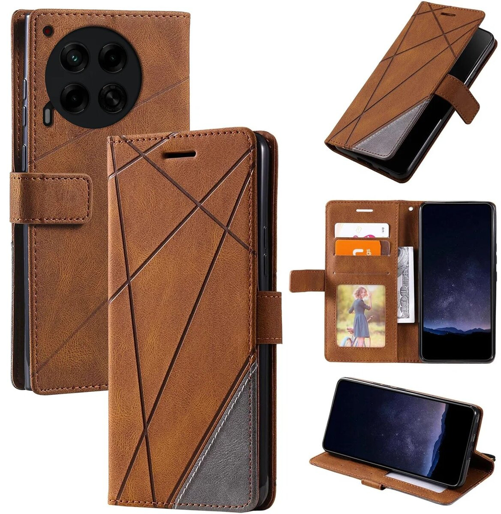 Дизайнерский чехол-книжка из кожи для TECNO CAMON 30 с отделом для наличных, 3 слотами для карт и подставкой