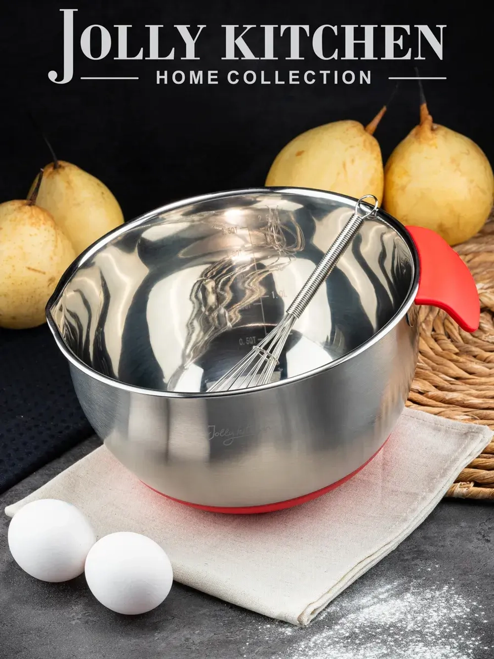 Миска Jolly Kitchen с ручкой, красная, 20 см, нержавеющая сталь 0,5 мм, объем 2л