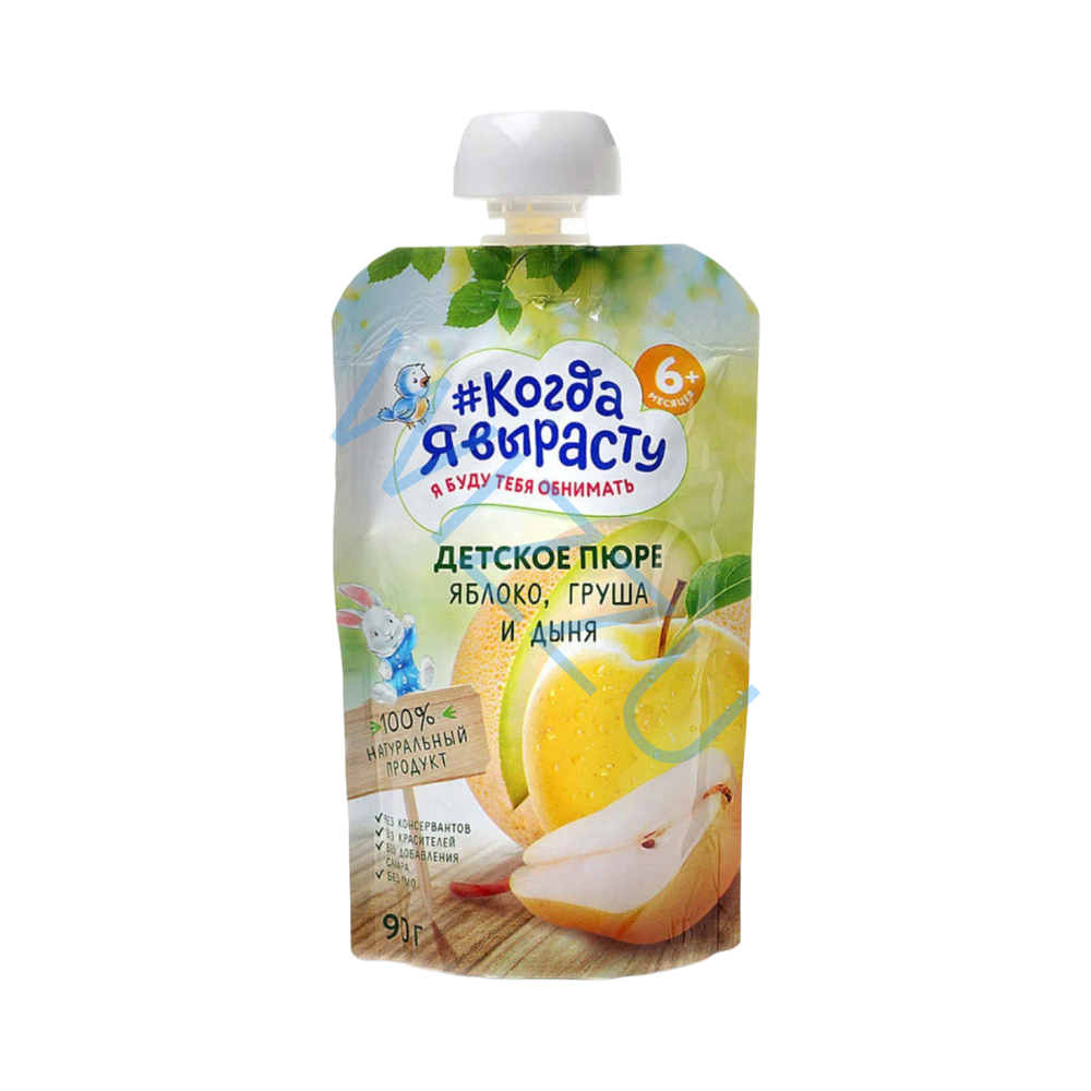 Пюре фруктово-бахчевое Когда я вырасту Яблоко-Груша-Дыня, 90 г