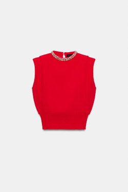 ZARA ТОП С ПОДПЛЕЧНИКАМИ И СТРАЗАМИ НА ВОРОТНИКЕ, КРАСНЫЙ