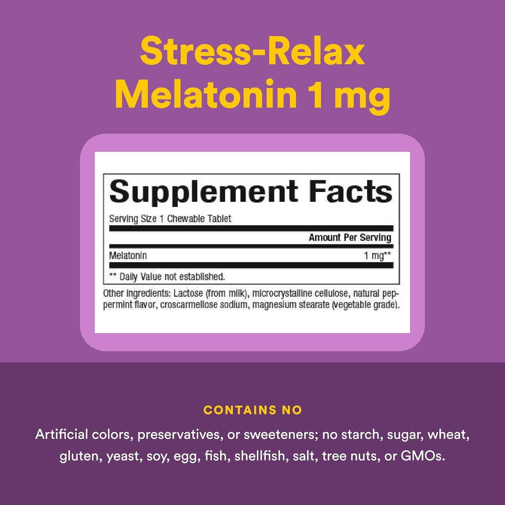 Natural Factors, Stress-Relax, мелатонин, 1 мг, 180 жевательных таблеток