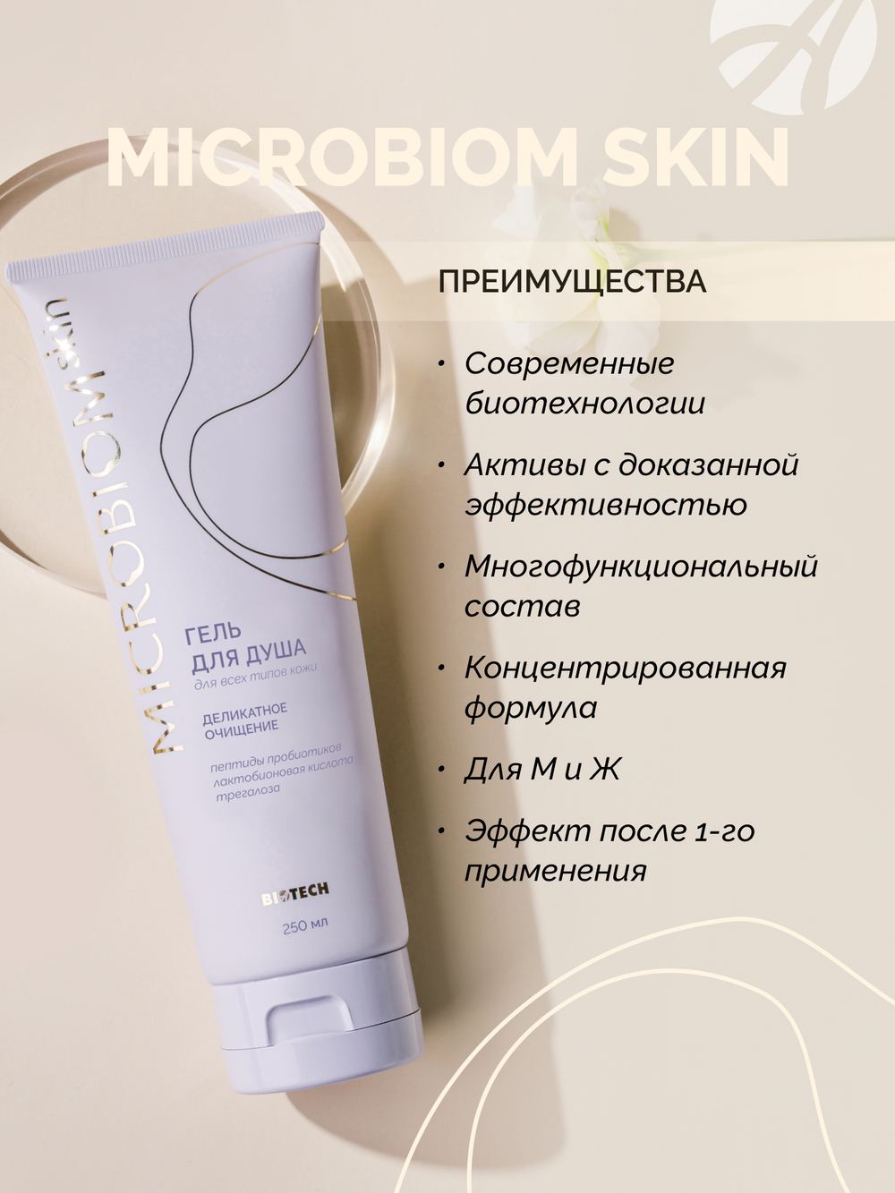 Гель для душа МИКРОБИОМ СКИН(Microbiom Skin) С пептидами пробиотиков, пантенолом и коллагеном для красоты и бережного ухода