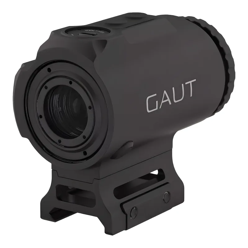 Прицел призматический Gaut Sapphire 1x18, HD, подсветка красная, Picatinny - вид сбоку с логотипом Gaut
