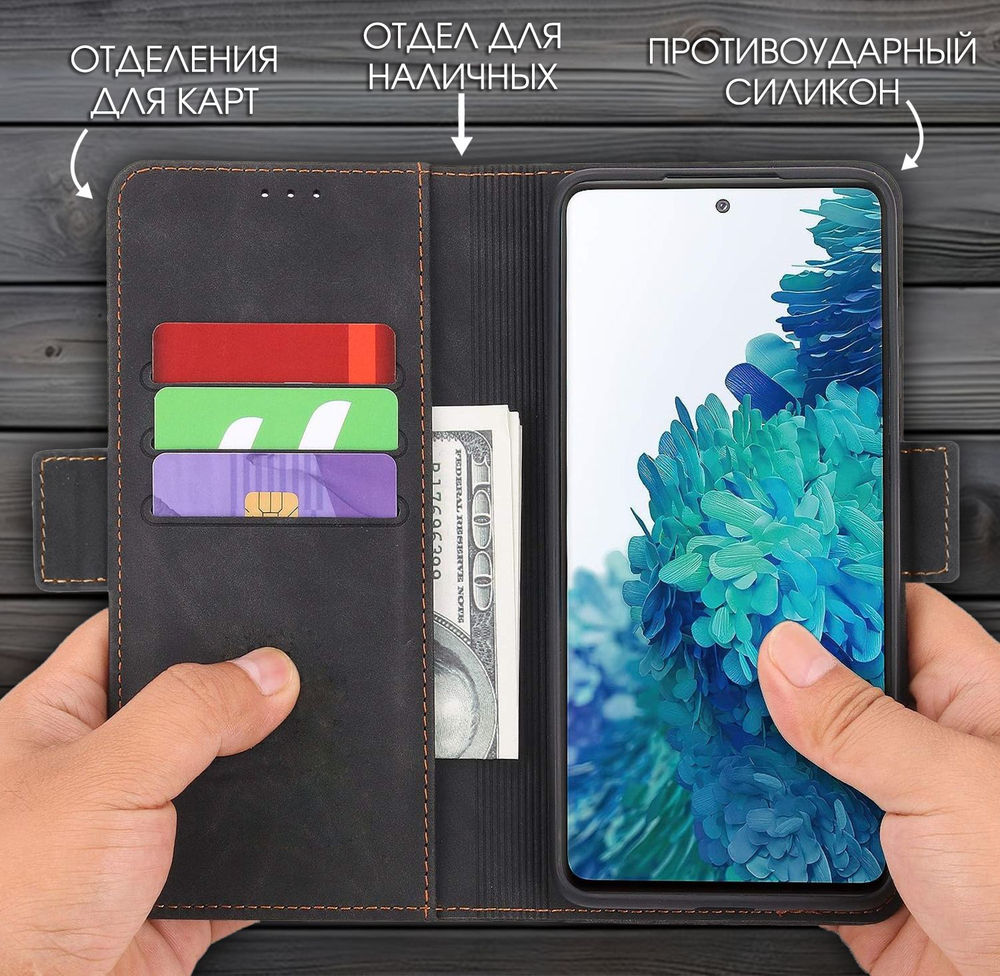 Стильный чехол-книжка из кожи для REALME 10 PRO PLUS с отделом для наличных, 3 слотами для карт и подставкой