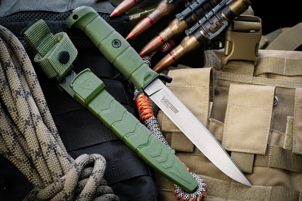 Нож Kizlyar Supreme VECTOR Sleipner SW OKH PS (StoneWash, Oliva Kraton Handle, Polyamide Sheath)