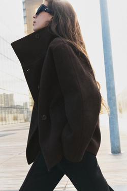 ZARA КОРОТКОЕ ПАЛЬТО С ВЫСОКИМ ВОРОТНИКОМ, КОРИЧНЕВЫЙ