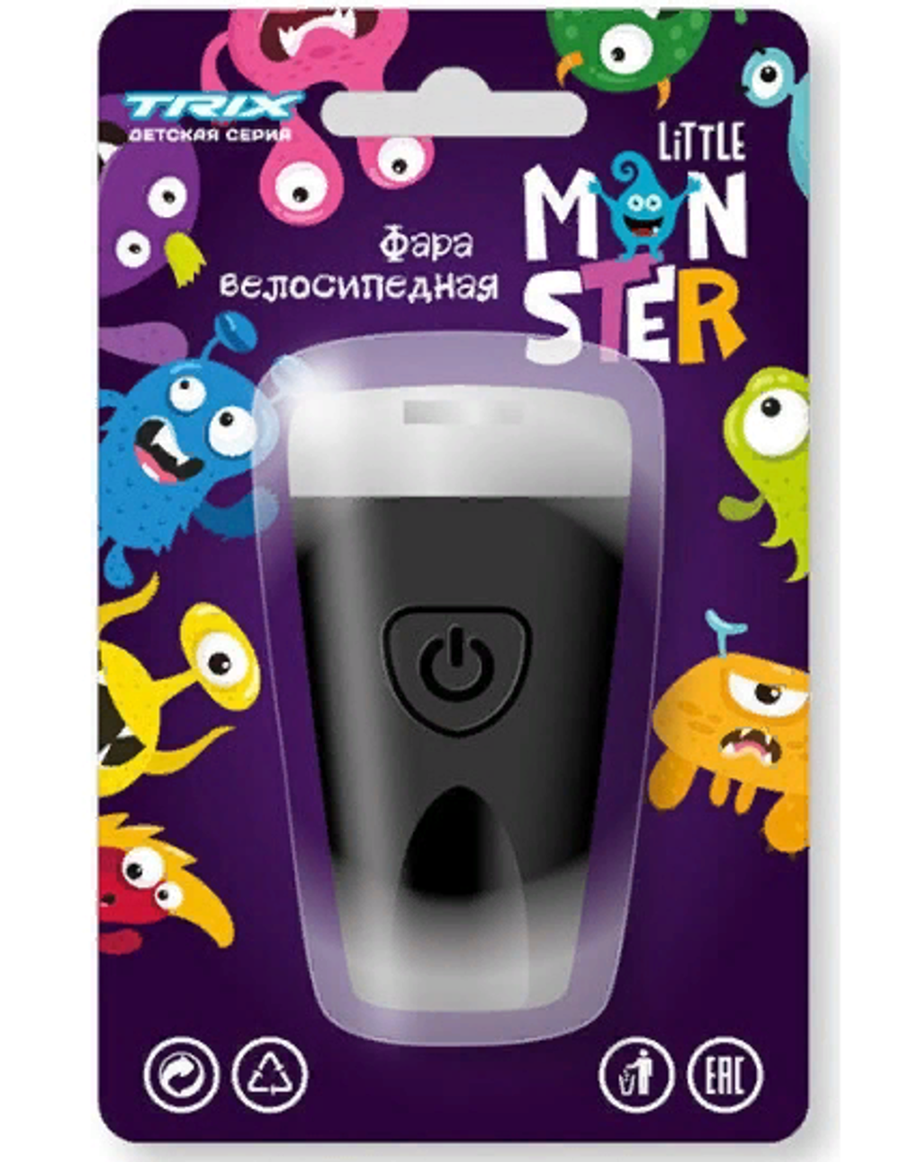 Фара TRIX Little Monster детская, передняя, 1 супер яркий белый диод, линза,3 режима, силикон, черная