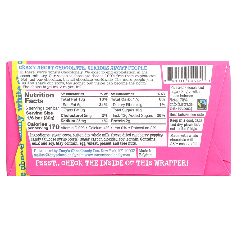 Tony's Chocolonely, белый шоколад, конфета с малиной, 180 г (6,35 унции)