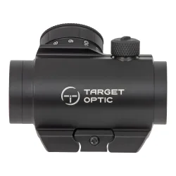 Коллиматор Target Optic 1x20, Weaver, красная марка, точка 2 MOA, проставка - вид сбоку с логотипом на низком креплении