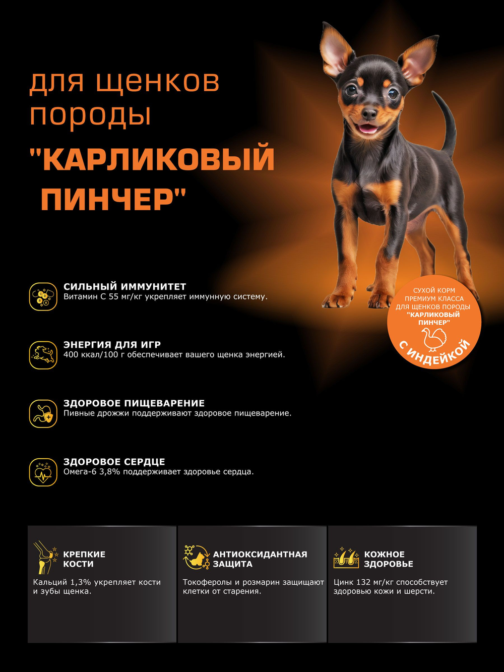 Quattro корм для щенков породы Карликовый пинчер, с индейкой, 6 кг, QUATTRO