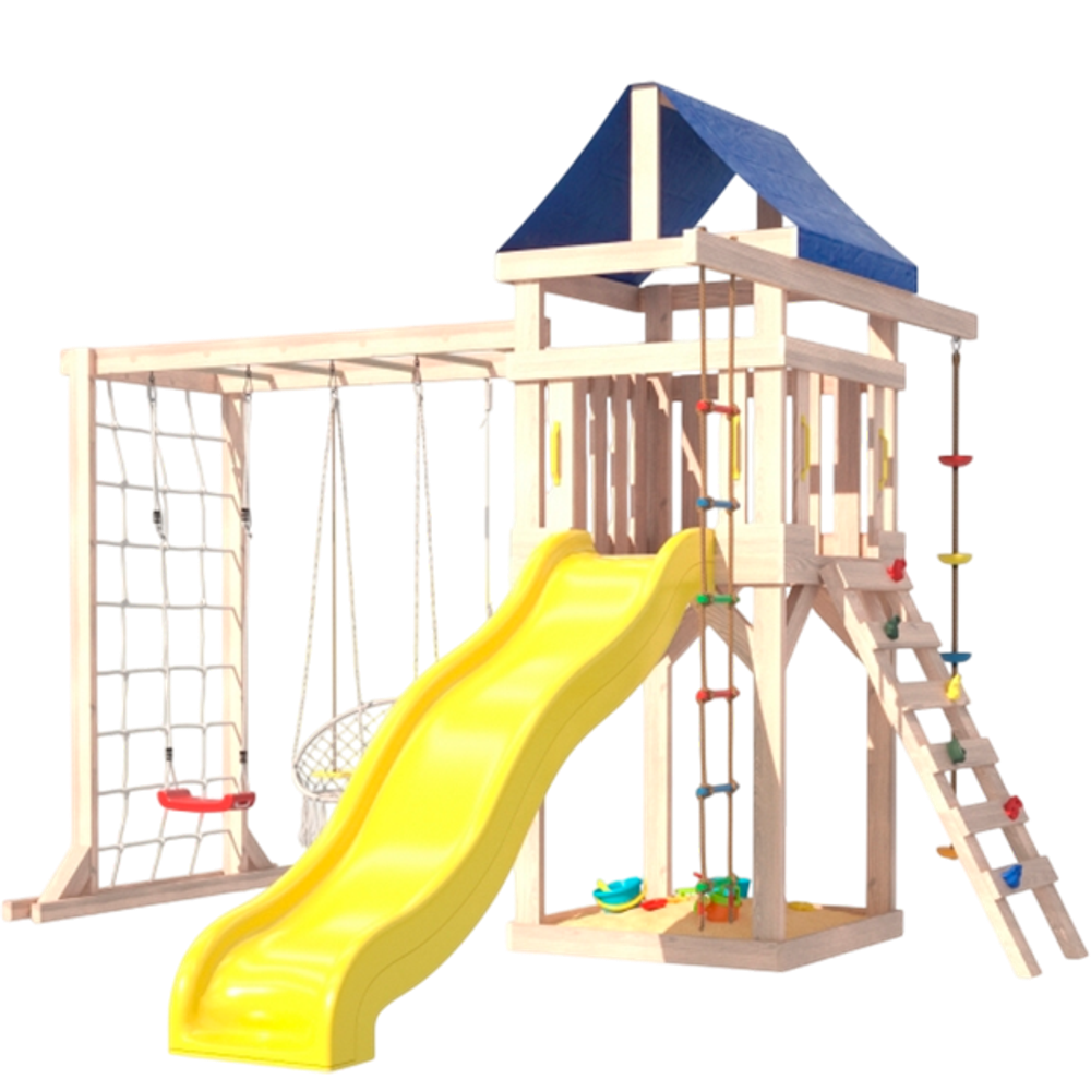 Детская площадка неокрашенная Fun Land с модулем сетка-рукоход, подвесным креслом и качелями