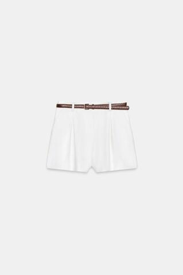 ZARA ШОРТЫ-БЕРМУДЫ С ВЫСОКОЙ ПОСАДКОЙ И РЕМНЕМ, БЕЛЫЙ