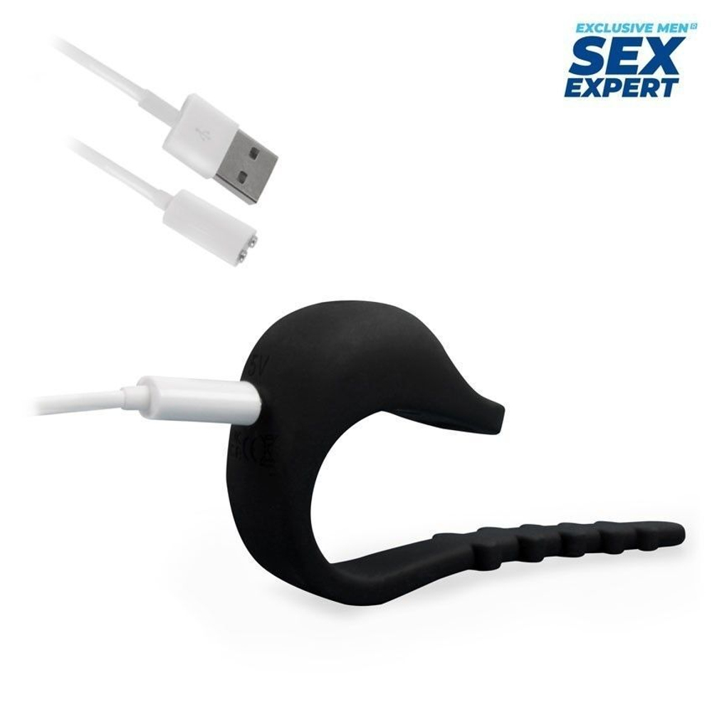 Черное эрекционное кольцо с электростимуляцией Sex Expert (Цвет: черный)