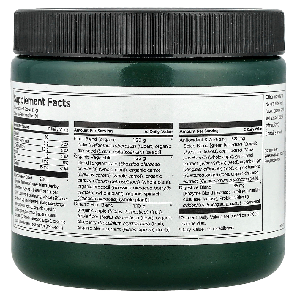 Swanson Vitamins, Смесь для приготовления напитков из ферментированной подщелачивающей зелени с пробиотиками, 210 г (7,4 унции)