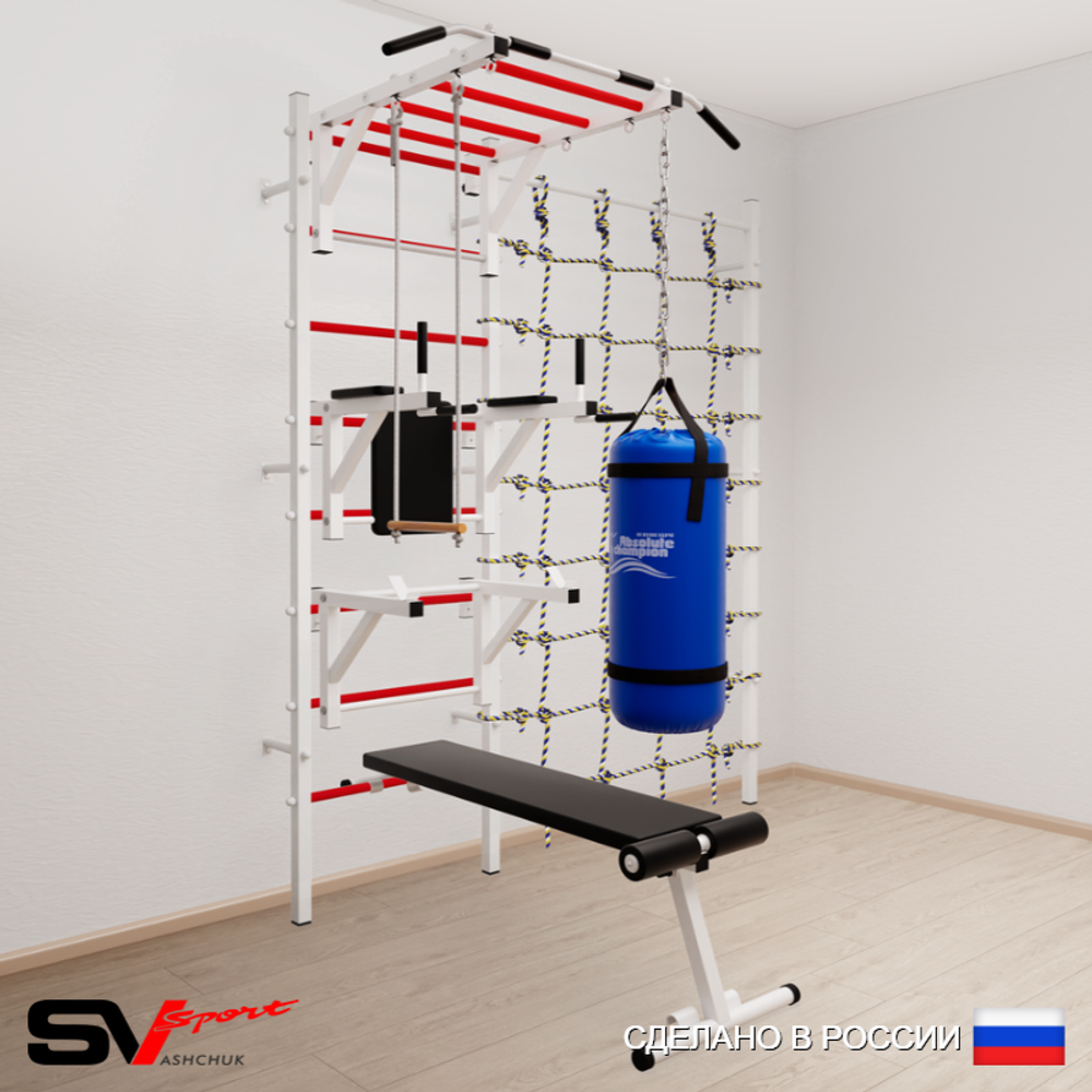 Шведская стенка Sv Sport усиленная 66320 (Турник рукоход/Брусья/Стойка/Скамья/Трапеция/Цепь/Мешок 22кг/Канатный лаз)
