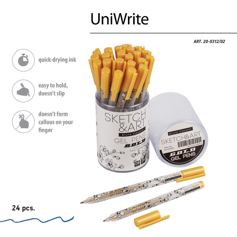 Ручка гелевая, 0.8 мм, золотая Sketch&Art "UniWrite.Gold" (Bruno Visconti)