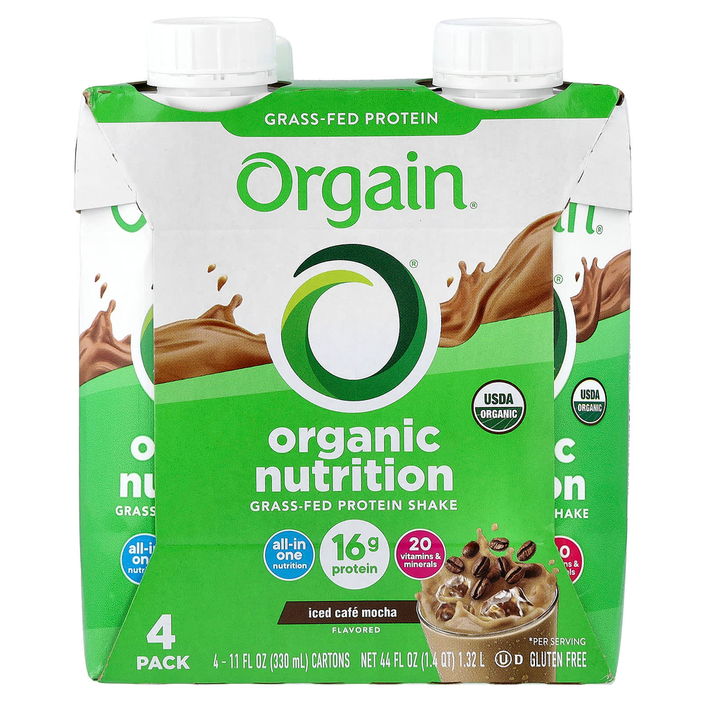 Orgain, Organic Nutrition, протеиновый коктейль из молока коров травяного откорма, со вкусом холодного кофе мокко, 4 пакетика по 330 мл (11 жидк. унций)
