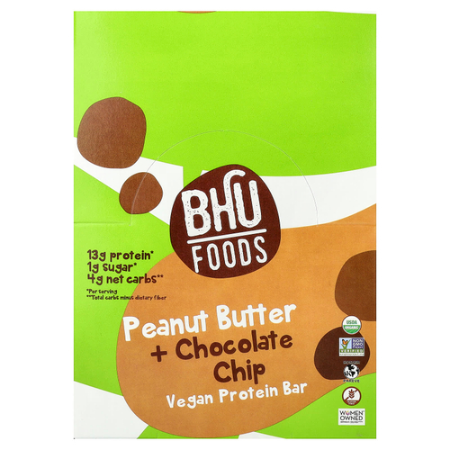 BHU Foods, Веганский протеиновый батончик, арахисовая паста и шоколадная крошка, 12 батончиков по 45 г (1,6 унции)