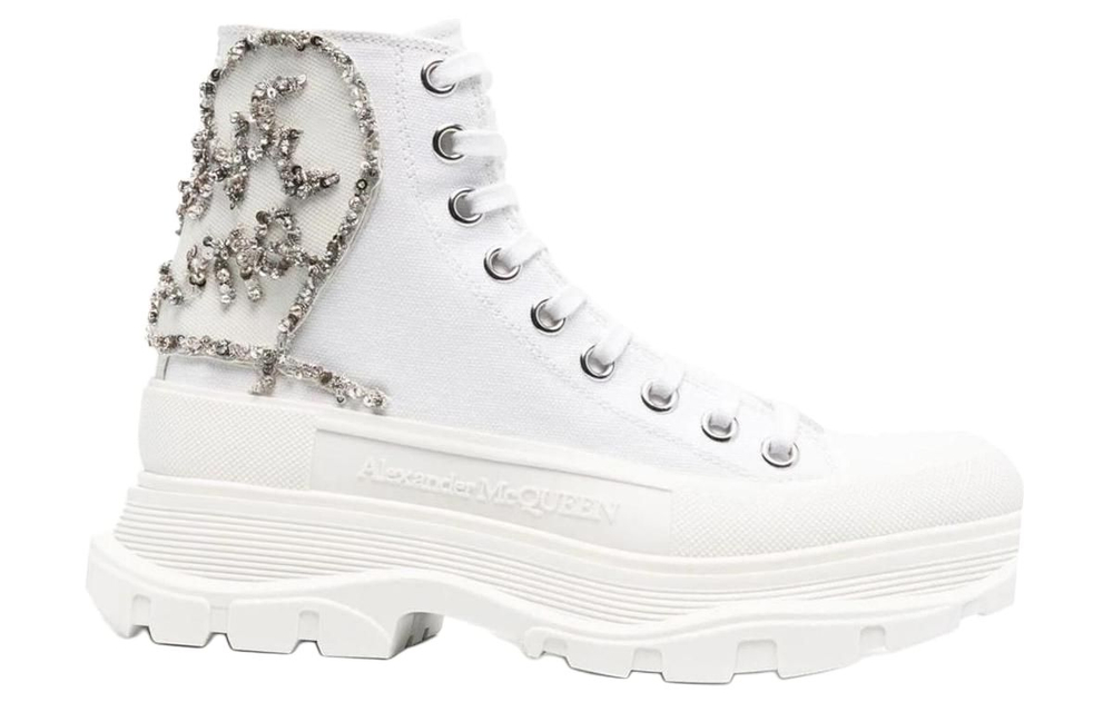 Alexander McQueen Tread Slick Boot White Silver Crystal Women"s