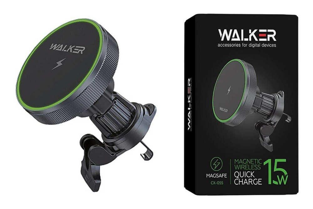 Автодержатель WALKER CX-055 магнитный на воздуховод, с беспроводным ЗУ, черный