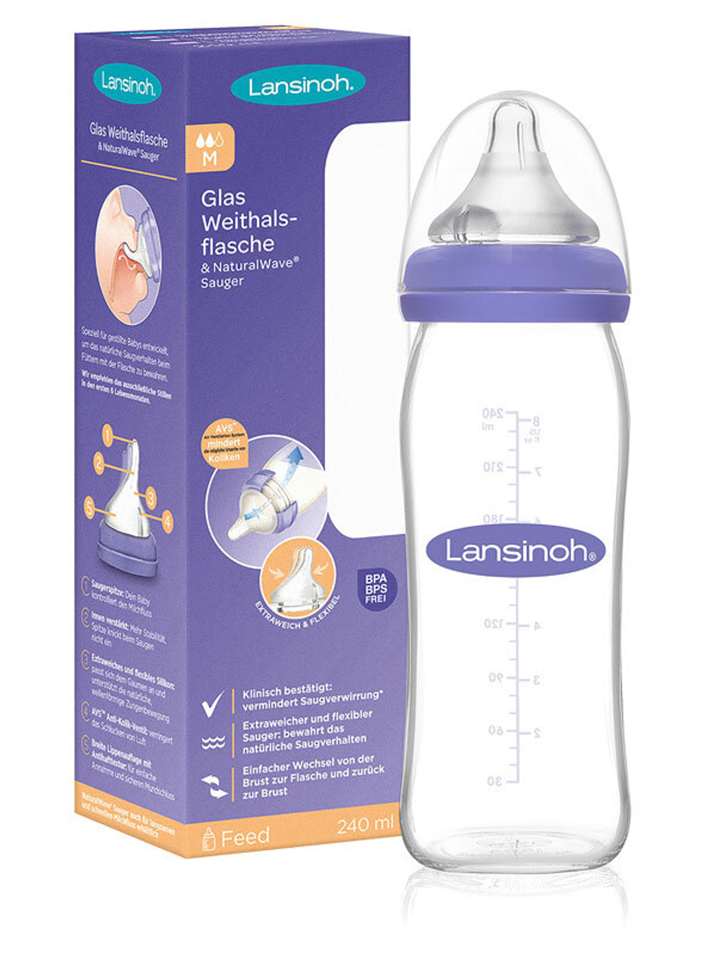 Стеклянная бутылочка с широким горлышком и соской NaturalWave, размер M Lansinoh