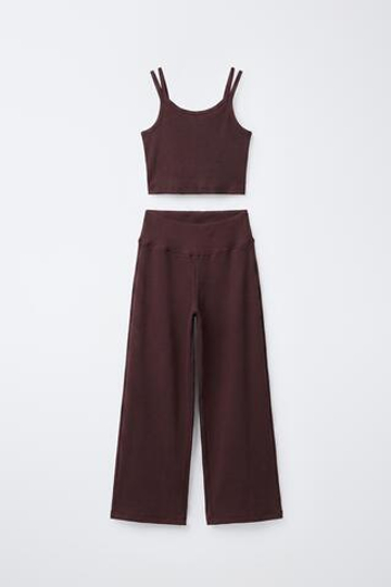 ZARA КОМПЛЕКТ В РУБЧИК ИЗ ТОПА И ПРЯМЫХ БРЮК, КОРИЧНЕВЫЙ