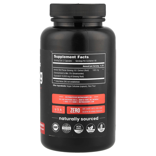 NutraChamps, Корейский женьшень, 120 веганских капсул (532,5 мг каждая)