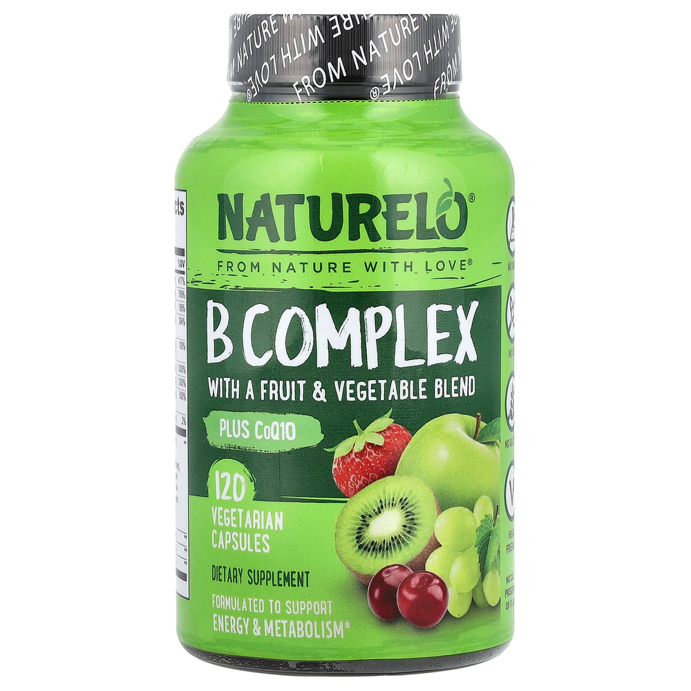 NATURELO, комплекс витаминов группы B со смесью фруктов и овощей, с коэнзимом Q10, 120 вегетарианских капсул