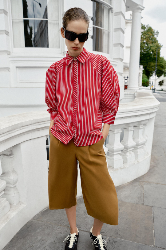 ZARA РУБАШКА В ПОЛОСКУ С ОБЪЕМНЫМИ РУКАВАМИ, КРАСНЫЙ/БЕЛЫЙ