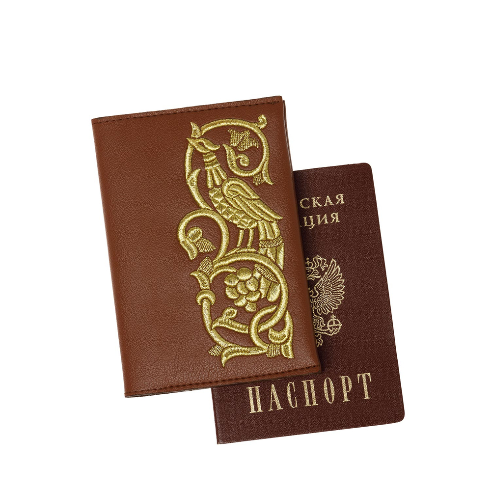 Обложка для паспорта «Райская птица» а10/64 коричневый / золото