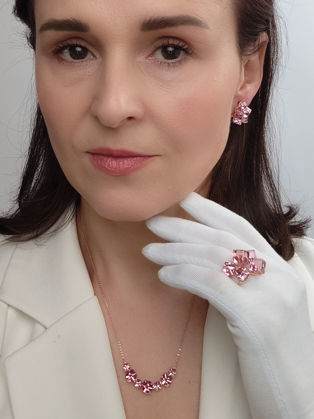 Серьги гроздья Мираж с розовыми кубиками Swarovski