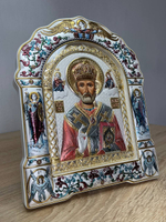 Николай Чудотворец, икона арочная с рамкой под стеклом, белое дерево, эмаль 206х270