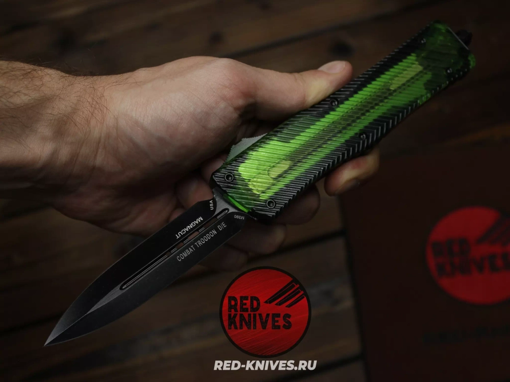 Нож Microtech Troodon D/E - рукоять зеленый Ultem, черный клинок RK-467