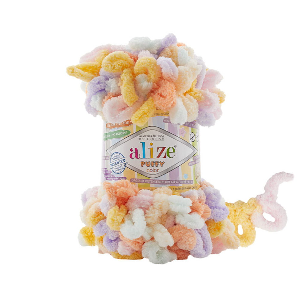 Пуффи колор (Puffy color) пряжа Alize 100%микрополиэстер 5х100г/9 м (6520 манго-желтый-са.розовый-св.сиреневый-св.мята)