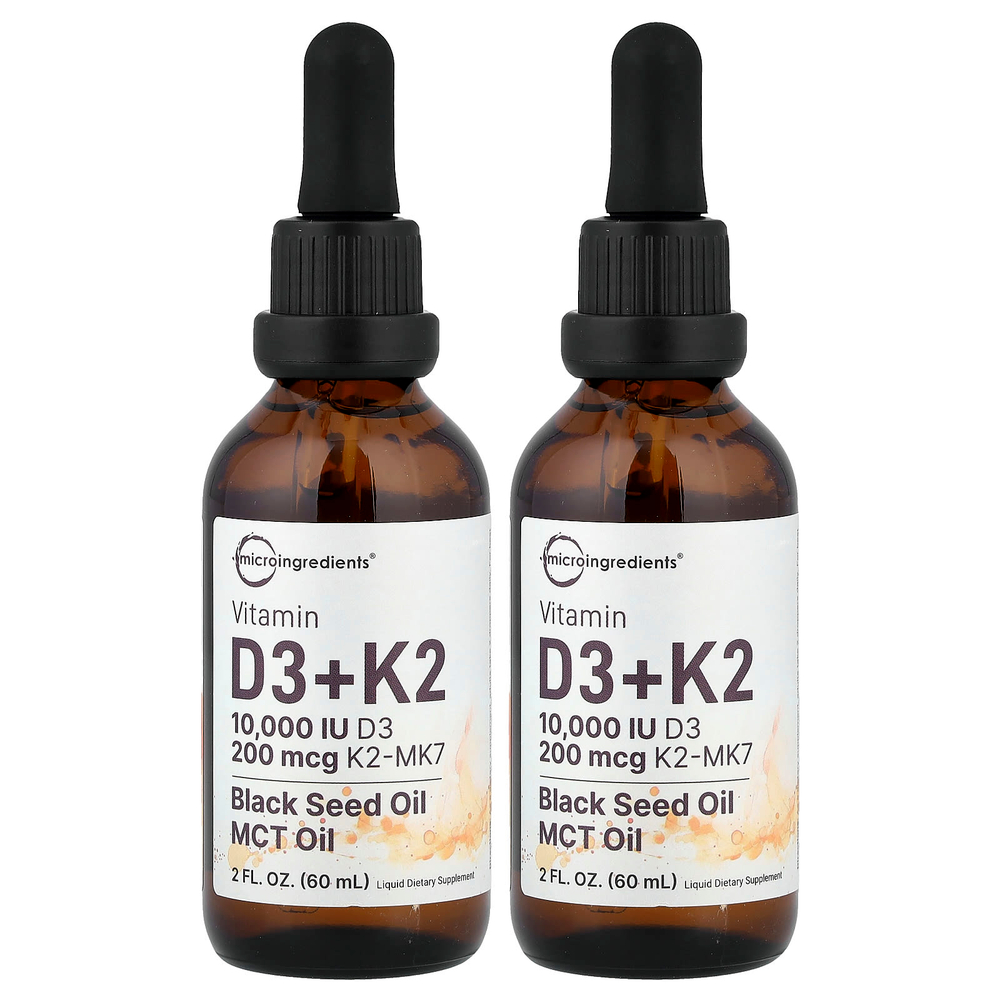 Micro Ingredients, витамины D3 и K2, 2 флакона-пипетки по 60 мл (2 жидк. унции)
