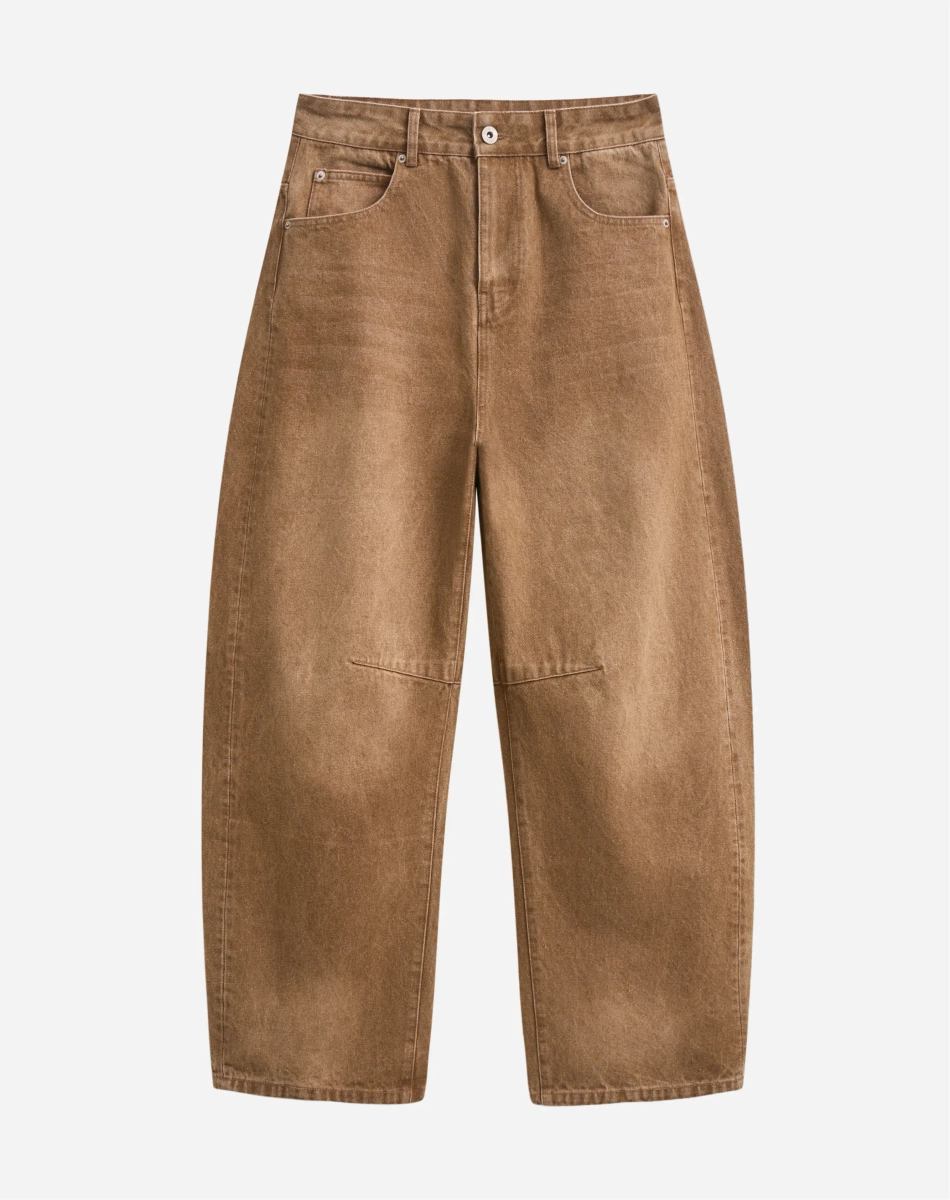 Джинсы баррель с потертостями