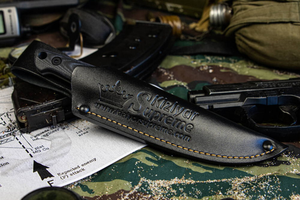 Нож Kizlyar Supreme SANTI D2 TW G10-BH LS (TacWash, G10 Black Handle, Leather Sheath)