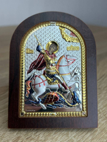 Георгий Победоносец, икона арочная, красное дерево, эмаль  75х103