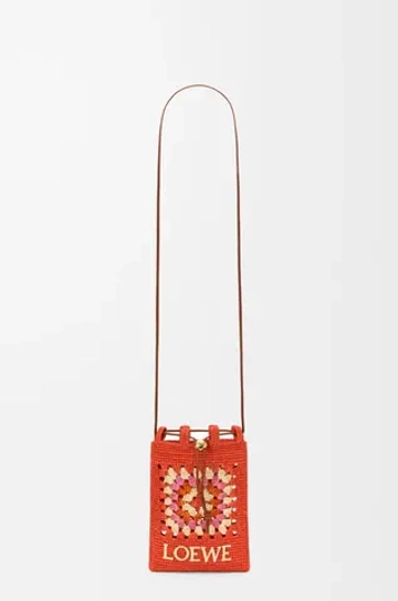 Loewe Сумка-мешок Patch Crochet на шнурке из телячьей кожи и рафии, ярко-оранжевый/розовый