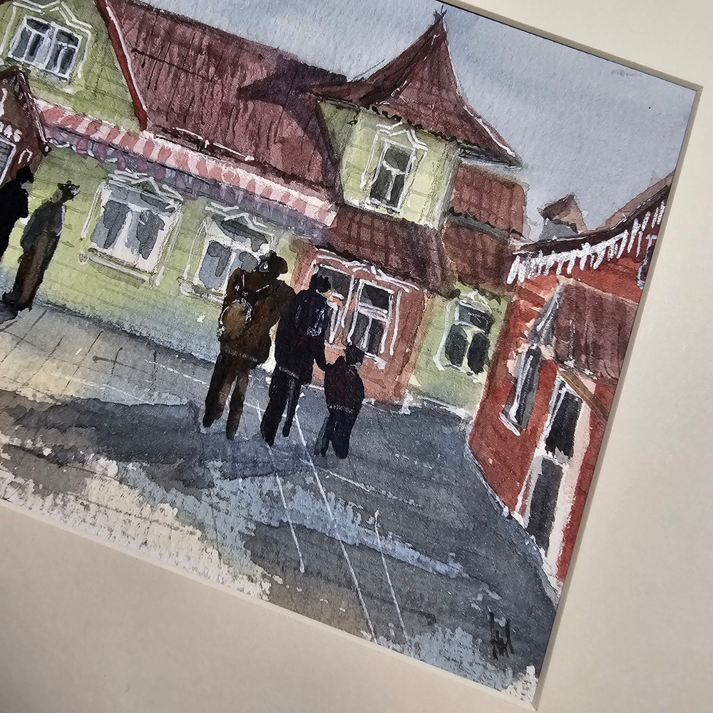 Картина авторская акварельная в паспарту 21х30 см на стену для интерьера "Купчий двор. Звенигород"
