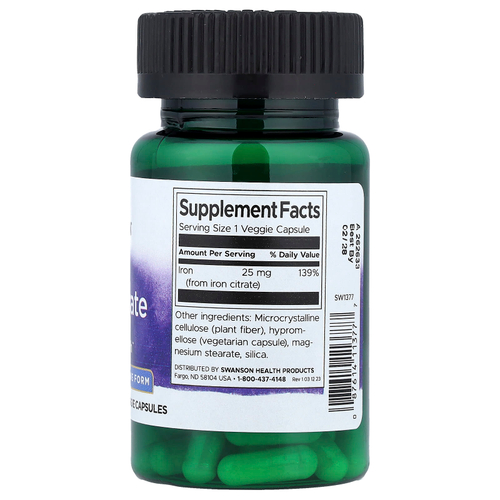 Swanson Vitamins, Цитрат железа, активная форма, 25 мг, 60 растительных капсул