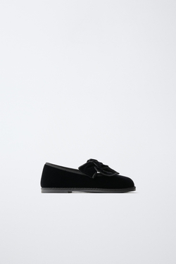 ZARA БАРХАТНЫЕ БАЛЕТКИ С БАНТОМ, ЧЕРНЫЙ