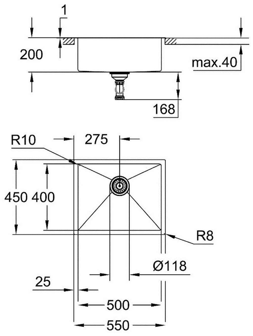 K700U 60-S 54,4/44,4 1.0 Мойка из нержавеющей стали, 1 чаша, монтаж под столешницу
