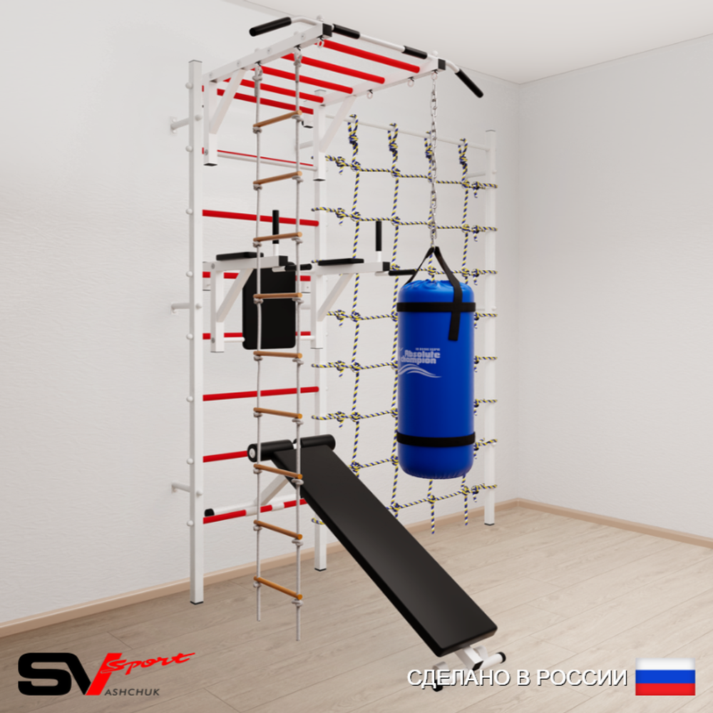 Шведская стенка Sv Sport усиленная 65230 (Турник рукоход/Брусья/Скамья/Лестница/Цепь/Мешок 30кг/Канатный лаз)