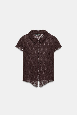 ZARA КРУЖЕВНОЙ ТОП С ПУГОВИЦАМИ, ШОКОЛАДНЫЙ