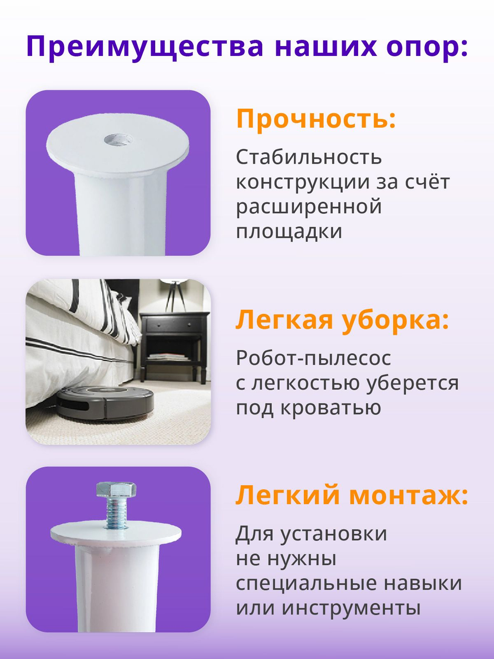 Ножки для кровати металлические 25 см БЕЛЫЕ, 5 шт.