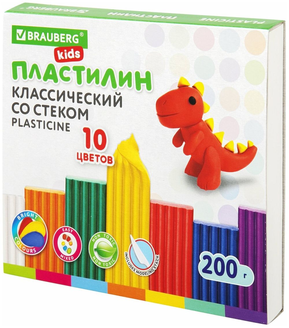 Пластилин классический BRAUBERG "АКАДЕМИЯ", 10 цветов, 200 г, со стеком, картонная упаковка, 103255
